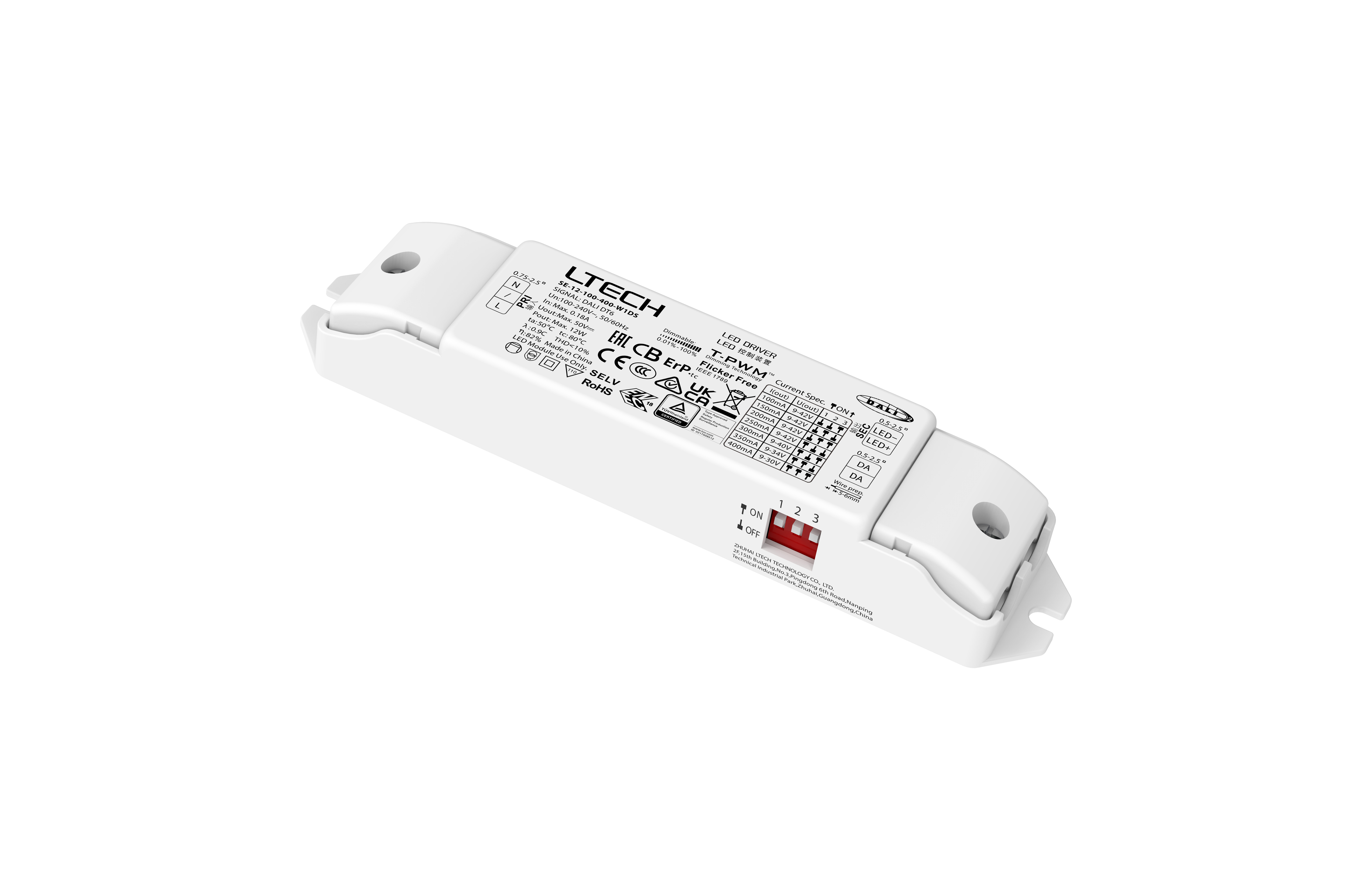 SE-12-100-400-W1DS  Intelligent LED Driver, DALI  0-100% Dim, PWM Digital Dim,DALI DT6, CC 12W 100-400mA 9-42Vdc  Out put Range.0.9-12W , IP20, 5yrs Warrenty.